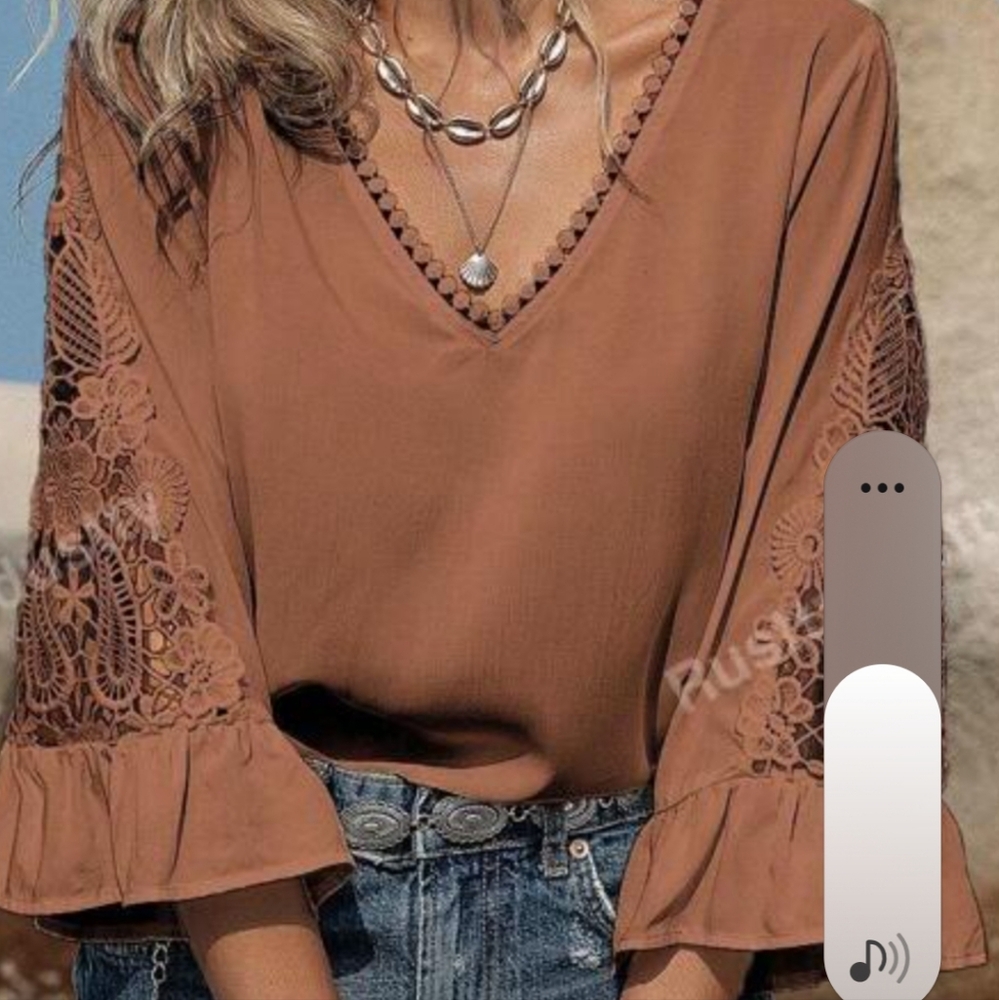 Russtydustty Boho Lace Sleeve Blouse in Brown,sz L.